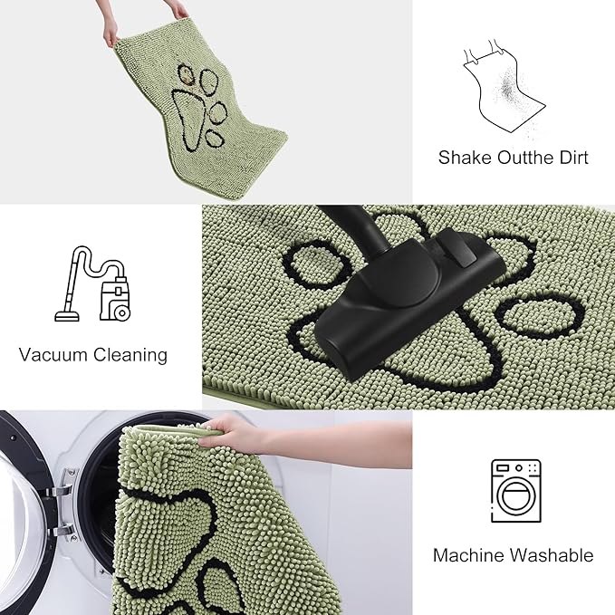 Smiry Dog Door Mat for Muddy Paws, Absorbent Dirt Trapper Non Slip Quick Dry Washable Chenille Mat for Mud Dogs, Entry Rug for Indoor and Outdoor (48x30 Inches, Sage Green and Black)