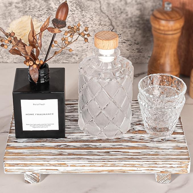 zoocatia Small Wood Tray Pedestal Stand Farmhouse Bathroom Decor Decorative Wooden Riser Kitchen Soap Dish Holder for Vanity, Counter, Sink, 9" x 5.9" - Retro White