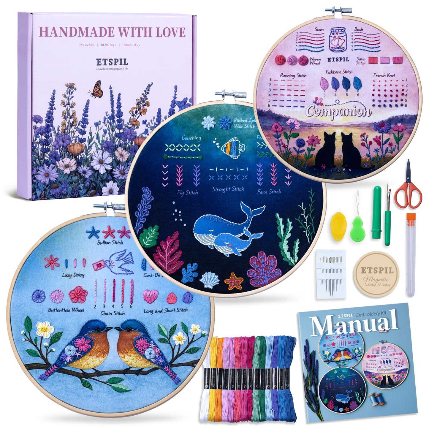 ETSPIL Beginner Embroidery Kit for Adults, 3-Pack Full-Color Stamped Animal Designs, Companionship Theme, Master 19 Stitches with 4K Step-by-Step Videos & Needle Minder, Easy Craft Gift for Teens