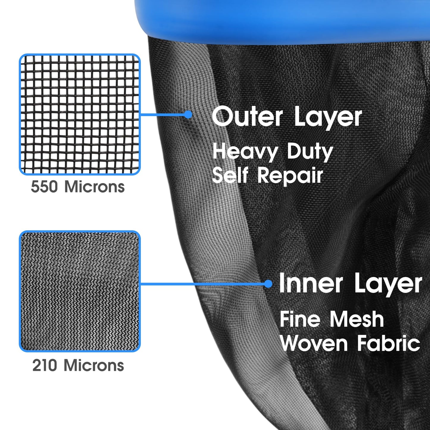 TidyMister Upgraded Full Double Layer Pool Net Rake,17.5'' - Outer Heavy Duty Self-Repair Net & Inner Fine Mesh Net for Particle Debris, Above Ground & In-ground Swimming Pools, No Poles