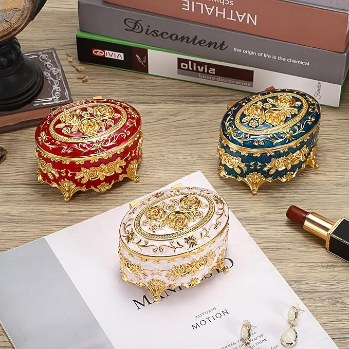 Hipiwe Oval Jewelry Box Classic Metal Trinket Organizer Ring Storage Box with Rose Pattern Jewelry Storage Box for Ring Earrings Necklace, Gift for Women, Red