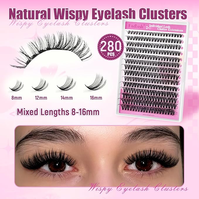 FADLASH DIY Lash Clusters Individual Eyeslash Extensions D Curl 280PCS Natural Eyelash Clusters Soft Band Wispy Volume Eyelash Extension for Beginners DIY at Home (40D-0.07-D, 8-16mm)
