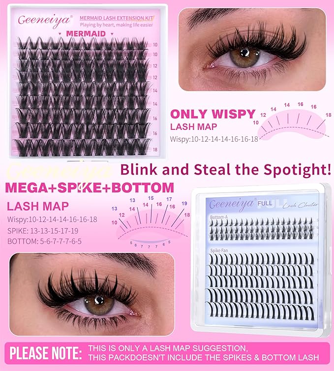 Geeneiya MERMAID Lash Clusters, 10-18MM Wispy Eyelash Clusters, D Curvature Natural Cluster Lashes for Beginners, Waterproof Cluster Eyelash Extensions DIY Lashes (Not Kit)