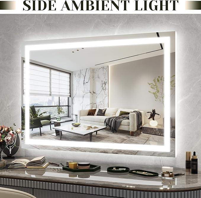 ROLOVE 32x 22 Inch Large Lighted Vanity Mirror with Dimmable 3 Modes, LED Makeup Mirror for Bathroom ＆ Dressing Room, Tabletop or Wall-Mounted, White