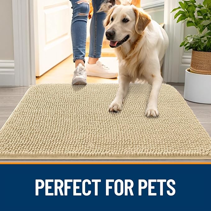 OLANLY Dog Door Mat for Muddy Paws 30x17, Absorbs Moisture and Dirt, Absorbent Non-Slip Washable Doormat, Quick Dry Chenille Mud Mat for Dogs, Entry Indoor Entryway Carpet for Inside Floor, Sand