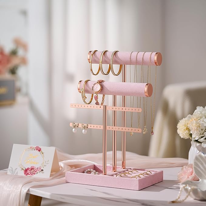 3 Tier Bracelet Holder Display - Detachable T Bar Pink Velvet Bracelet Holder, Jewelry Holder Organizer for Bracelet, Necklace, Earrings, Rings