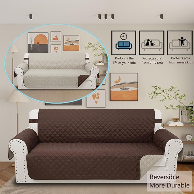 Reversible Couch Cover for 3 Cushion Couch Sofa Cover Washable for Pet Friendly with Elastic Straps Water Repellent(Sofa, Chocolate/Beige)