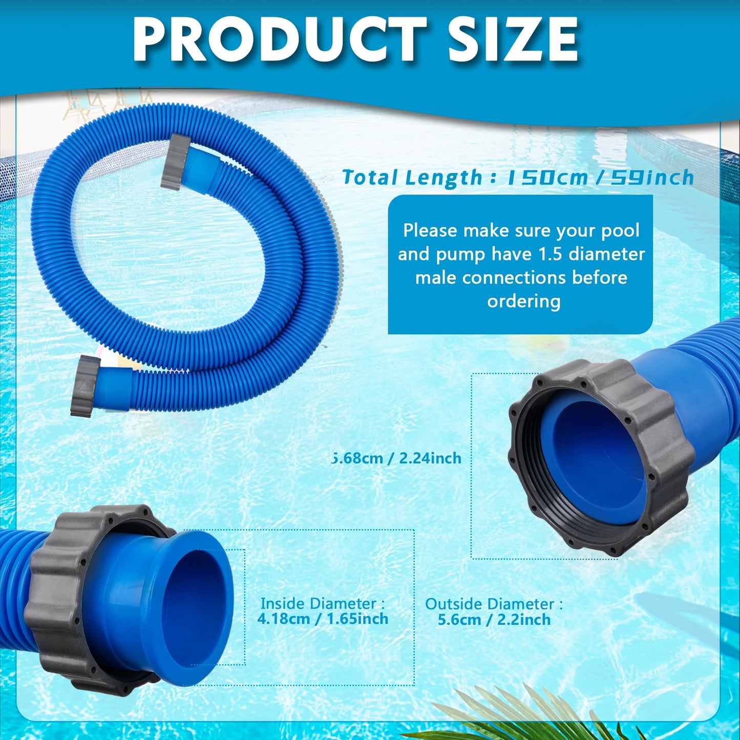 2 Pcs 1.5 Inch Hoses for Above Ground Pools - 1 1/2 Inch Diameter, 59" Long Pump Hose Replacement Filter Accessories