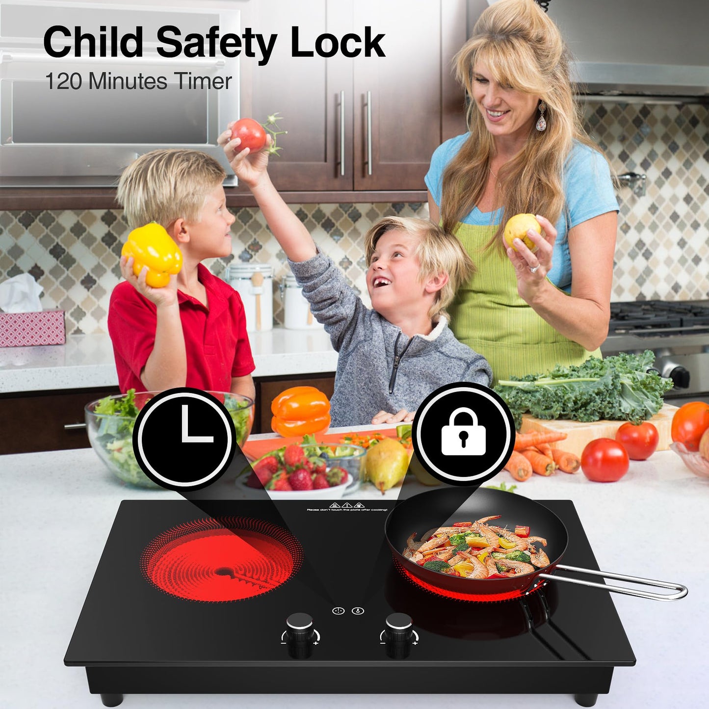 VBGK Electric Cooktop,2400W Electric Stove Top,Countertop and Built-in Hot Plate with Child Safety Lock, Timer, LED touch Knob Control,Overheat Protection,110V 2 Burner Induction Cooktop