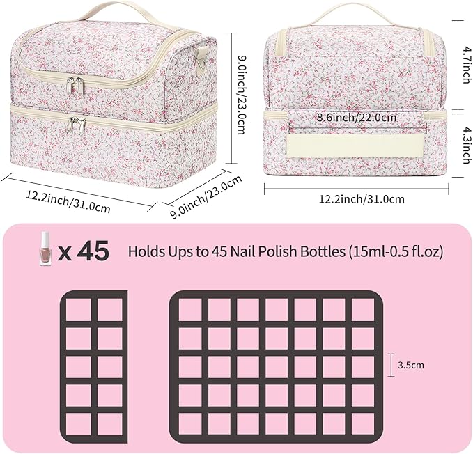 Nail Polish Organizer Bag - Nail Organizers and Storage Case Holds 45 Bottles & Nail Lamp, Travel Nail Tech Carrying Bag for Nail Supplies, Manicure Tools, Nail Kit, Nail Tech Gifts for Women