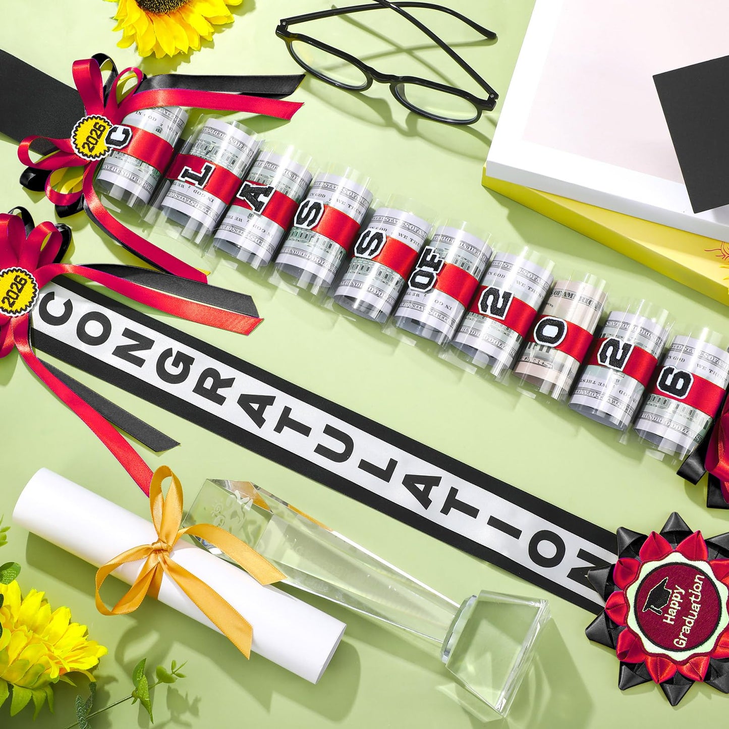 Lyrow Graduation Money Lei Class of 2026 Ribbon Lei Gift Graduation Cash Gifts Pull Ideas for High School College Party Supplies(Red and Black,Classic)