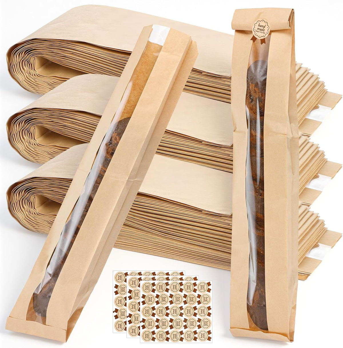 150 Pack Baguette Bags with Clear Front Window and 150 Seal Stickers, 23x4x1.6 Inch Paper Bread Bags for Homemade Sourdough, Bakery Storage and Party Packaging