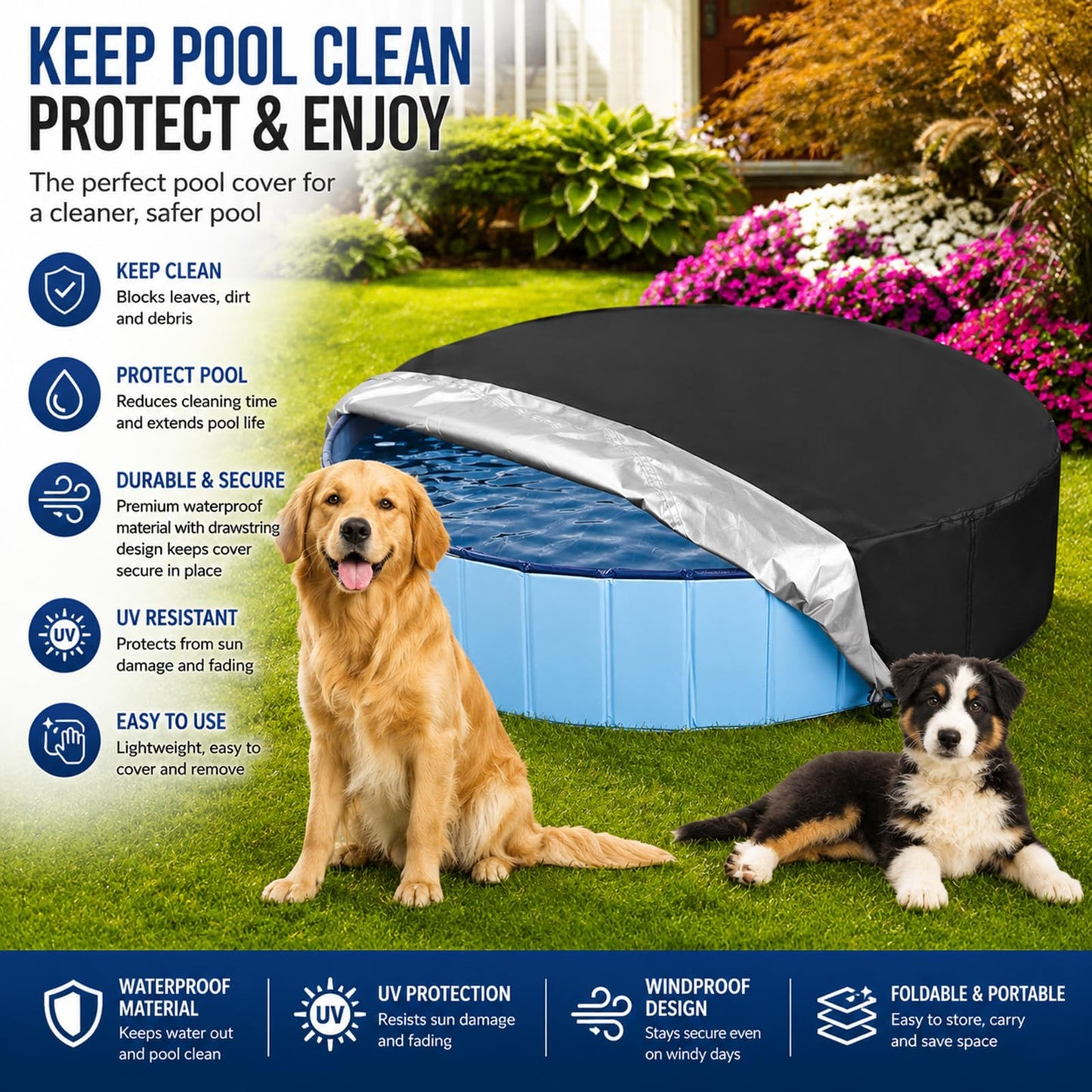 Rypet 63 inch Dog Pool Cover Foldable Round Pool Cover Pet Collapsible Swimming Pools Covers Portable Pet Pool Covers Pools Accessories for Dog Pool Bathing Tub