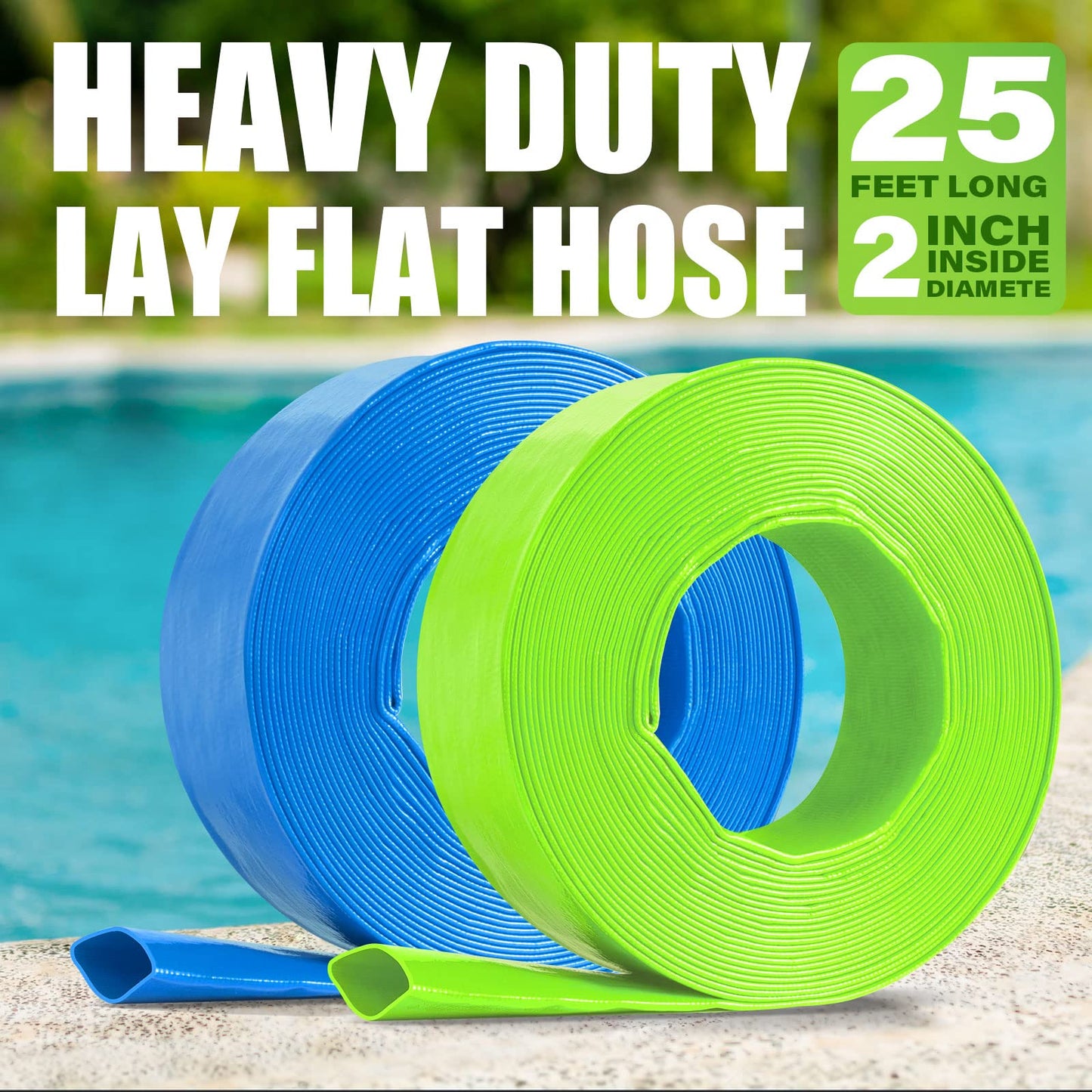Jin&Bao 2" x 25 FT Pool Backwash Hose, Heavy Duty Reinforced Lay-Flat Discharge Hose, Burst Resistant Drain Hose with 2 Clamps, for Pool Filter & Sump Pump-Blue