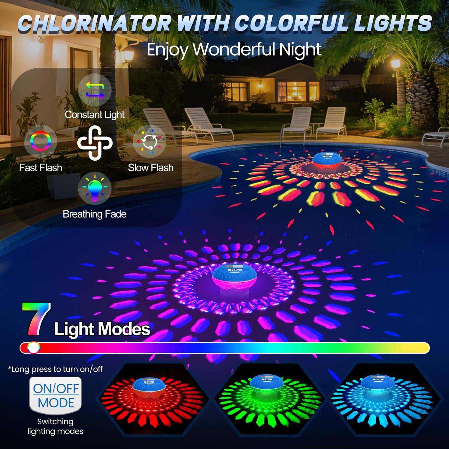 FineBud 2026 Upgraded Pool Chlorine Floater with Thermometer, Digital Screen Pool Chlorine Floater,Solar Pool Chlorine Floaters with Light, Button Control Floating Chlorine Dispenser for Pool (Blue)