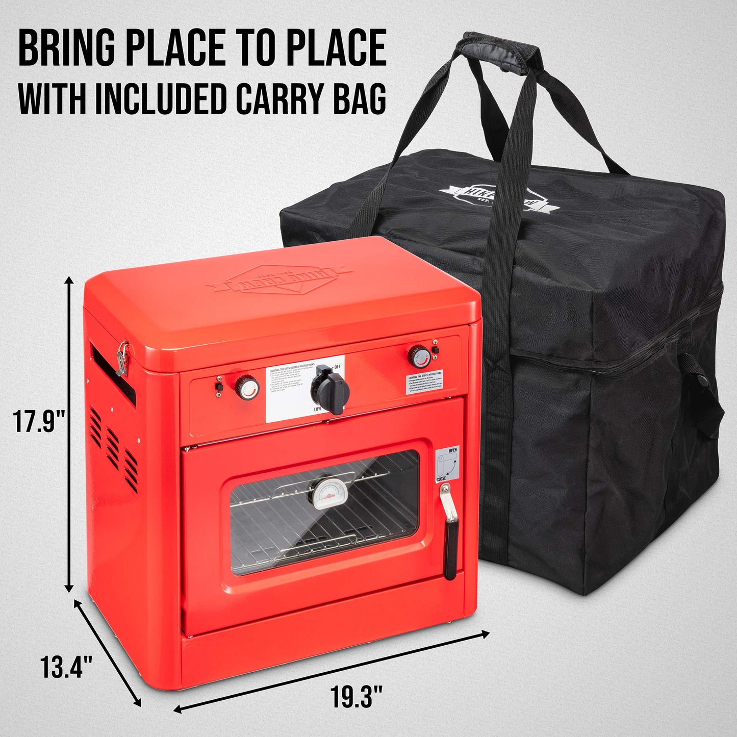 Hike Crew Outdoor Gas Camping Oven w/Carry Bag | CSA Approved Portable Propane-Powered 2-Burner Stove & Oven | Auto Ignition, Overheat Safety Shutoff, Built-In Thermometer | Hose & Regulator Included