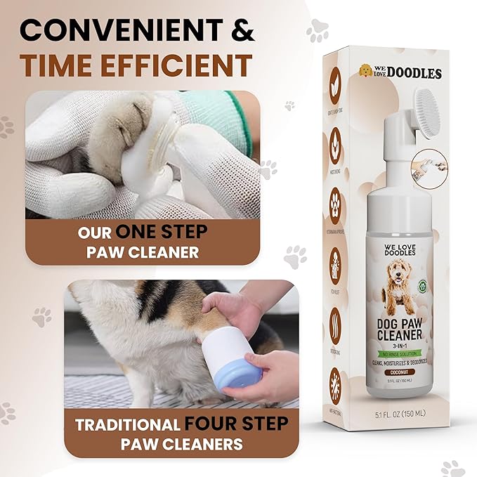 No-Rinse Dog Paw Cleaner with Built-in Silicone Bristle Brush | 3-in-1 Dirty Paw Washer Foaming Foot Cleaner for Muddy Pet Dogs & Cats | Gentle Moisturizing Waterless Shampoo - Coconut | 5 fl oz