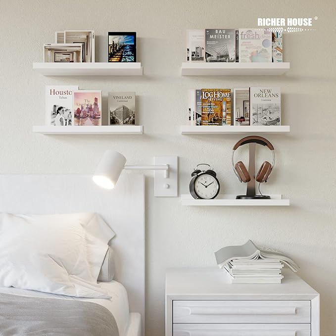 RICHER HOUSE 5 Set White Floating Shelves, Wall Mounted Shelves for Wall Decor, Modern Picture Ledge Shelf with Lip for Storage Nursery, Bedroom, Living Room, Bathroom - White