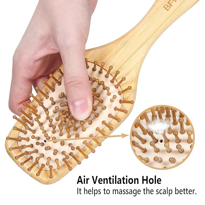 Bamboo Hair Brush with Paddle, Rounded Wood Bristles for Detangling and Gently Massaging Scalp by BFWood, Reduces Frizz and Static