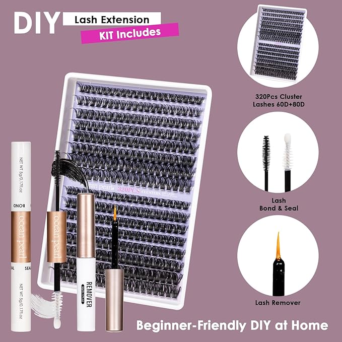 Ocean Pearl Lash Clusters 320pcs 3D Thick Lash Clusters kit 60D+80D Lashes,Eyelashes,Lash Extension Kit,Eyelash Clusters with lash adhesive+sealer+remover+tweezers,Lashes Clusters Eyelash Extensions