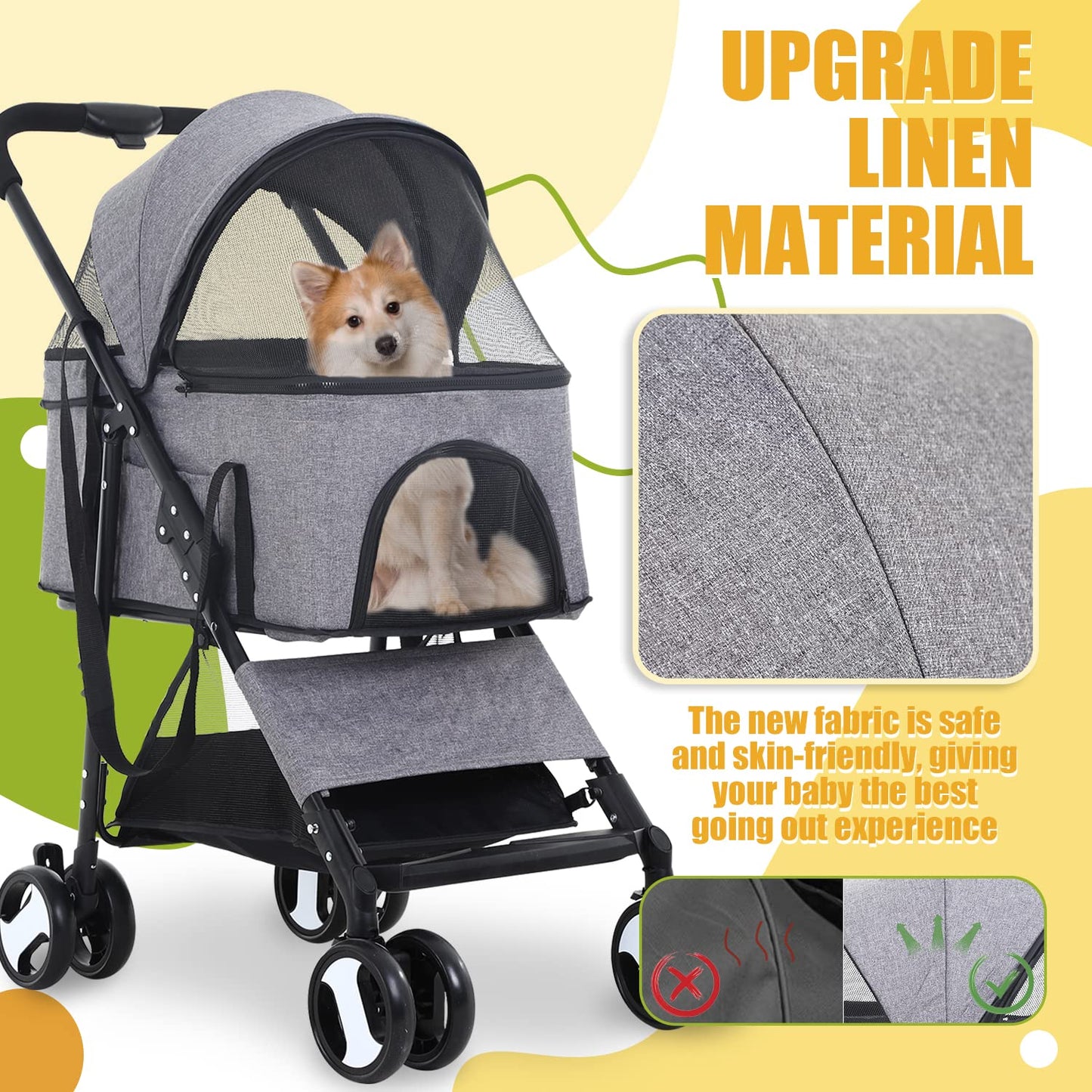 Dog Stroller 3-in-1 Folding Dog Stroller for Medium Small Dogs Pet Stroller Cat Stroller 4 Wheels with Detachable Carrier Storage Basket Waterproof Lightweight for Travel,Grey