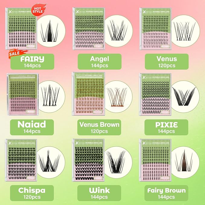 KEYYOU Venus Brown Lash Clusters Kit Fairy Lash Extension Kit C Curl 120Pcs 8-16MIX Eyelash Extension Wispy Natural Invisible Band Lash with Waterproof DIY Lash Extension Kit at Home