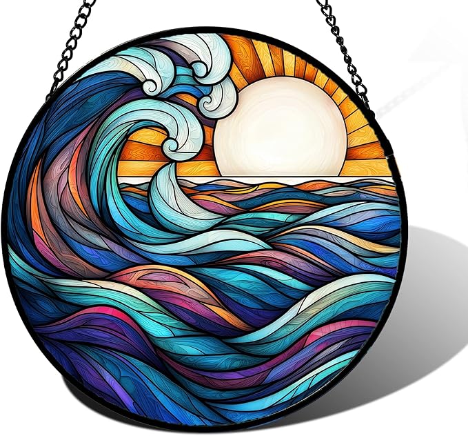 DASTOLL Stained Glass Window Hanging, Big Wave Sun Suncatcher Diamond Glass Panel Hangings Abstract Sun Catchers Decor for Birthday for Women, Men, Wife, Aunt, and Mom 9.8 in