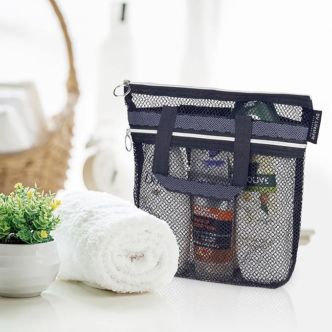 DV Lifestyle Mesh Shower Bag 10.2x9.9'' Quick-Dry Caddy with Zipper & 2 Pockets. Portable Toiletry Tote for Bathroom, Gym, Travel, Camp, Beach, for Sunscreen, Dorm & College Essentials (Black)