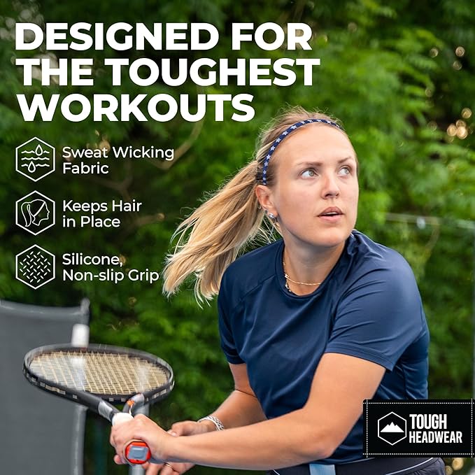 Tough Headwear Thin Elastic Headbands - Sports Headbands for Women & Men - Mens Workout Headband - Running or Soccer Headband