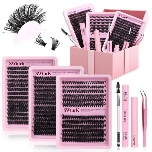 SWturK Lash Clusters Kit DIY 800pcs eyelash extension kit 3 styles 60D+80D+100D 12-20mm D curl with lash bond&sealï¼Volume Fluffy false eyelashes clusters bulk pack for beginners