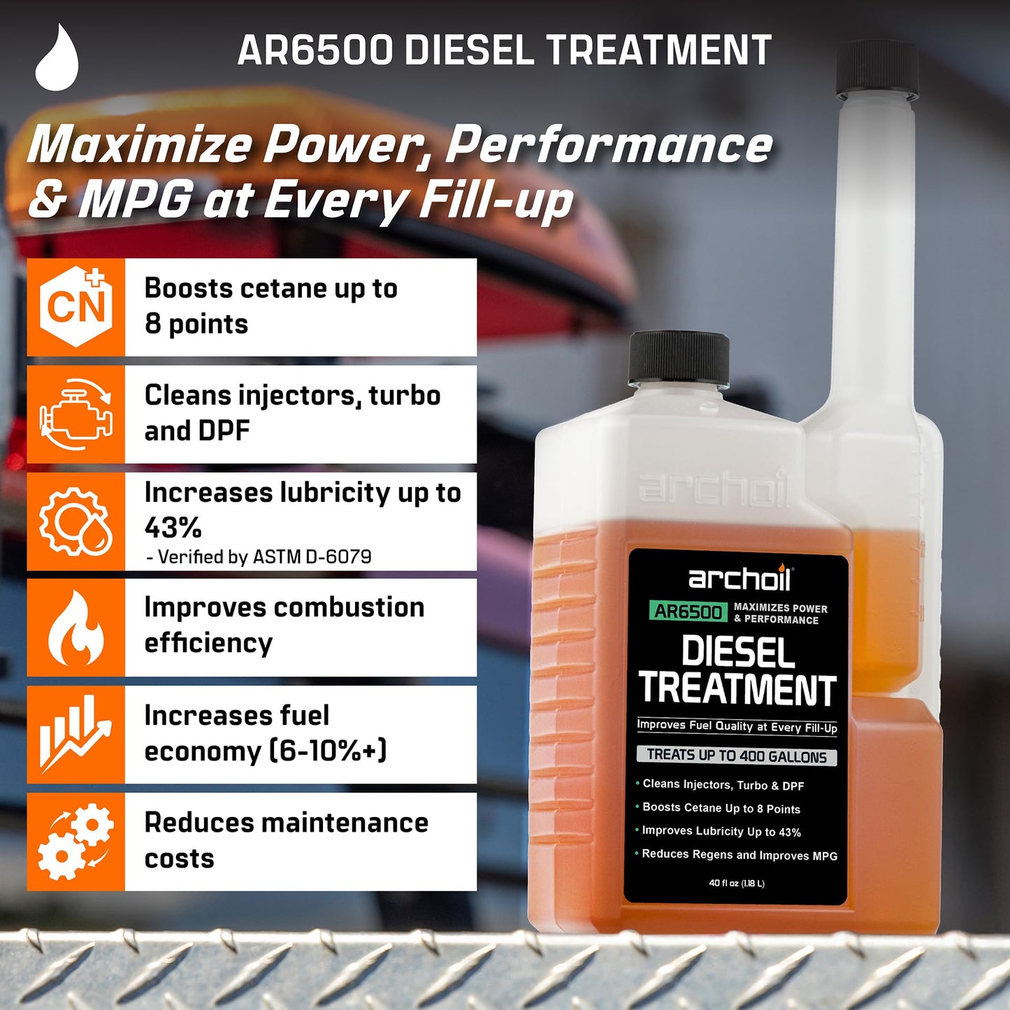 Archoil AR6500 Diesel Treatment (40 oz) Treats 400 Gallons, Diesel Fuel Additive - Lubricity Improver, Injector Cleaner, DPF & Turbo Deposit Control, Cetane Booster