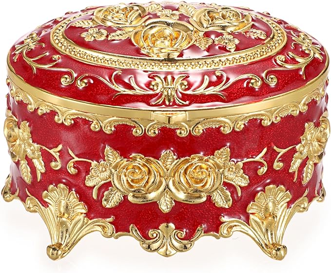 Hipiwe Oval Jewelry Box Classic Metal Trinket Organizer Ring Storage Box with Rose Pattern Jewelry Storage Box for Ring Earrings Necklace, Gift for Women, Red