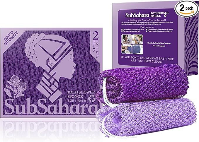 SubSahara Authentic African Net Sponge - 2 Pack Exfoliating Bath & Shower Loofah Sponge for Body & Face, Gentle Scrubber for All Skin Types, Travel, Durable (Deep Purple & Iavender Purple)