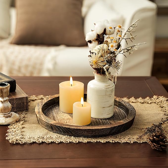 Romadedi Farmhouse Wooden Candle Tray - 11 Inch Round Decorative Trays for Coffee Table Dining Centerpiece Kitchen Counter Candle Holder Wood Trays for Christmas Rustic Home Decor