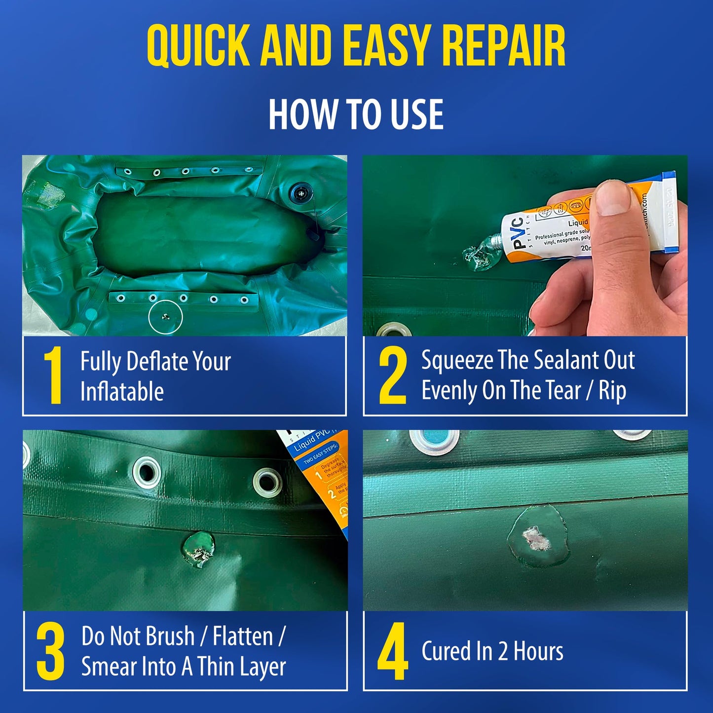 PVC Stitch Liquid Patch – Air Mattress Patch Kit Heavy Duty, Inflatable Patch Glue for PVC & PU, Inflatable Boats, Rafts, Kayaks, SUP, Hot Tubs, Waterbeds, Bounce Houses. Waterproof, 3-hr Cure, 20 ml