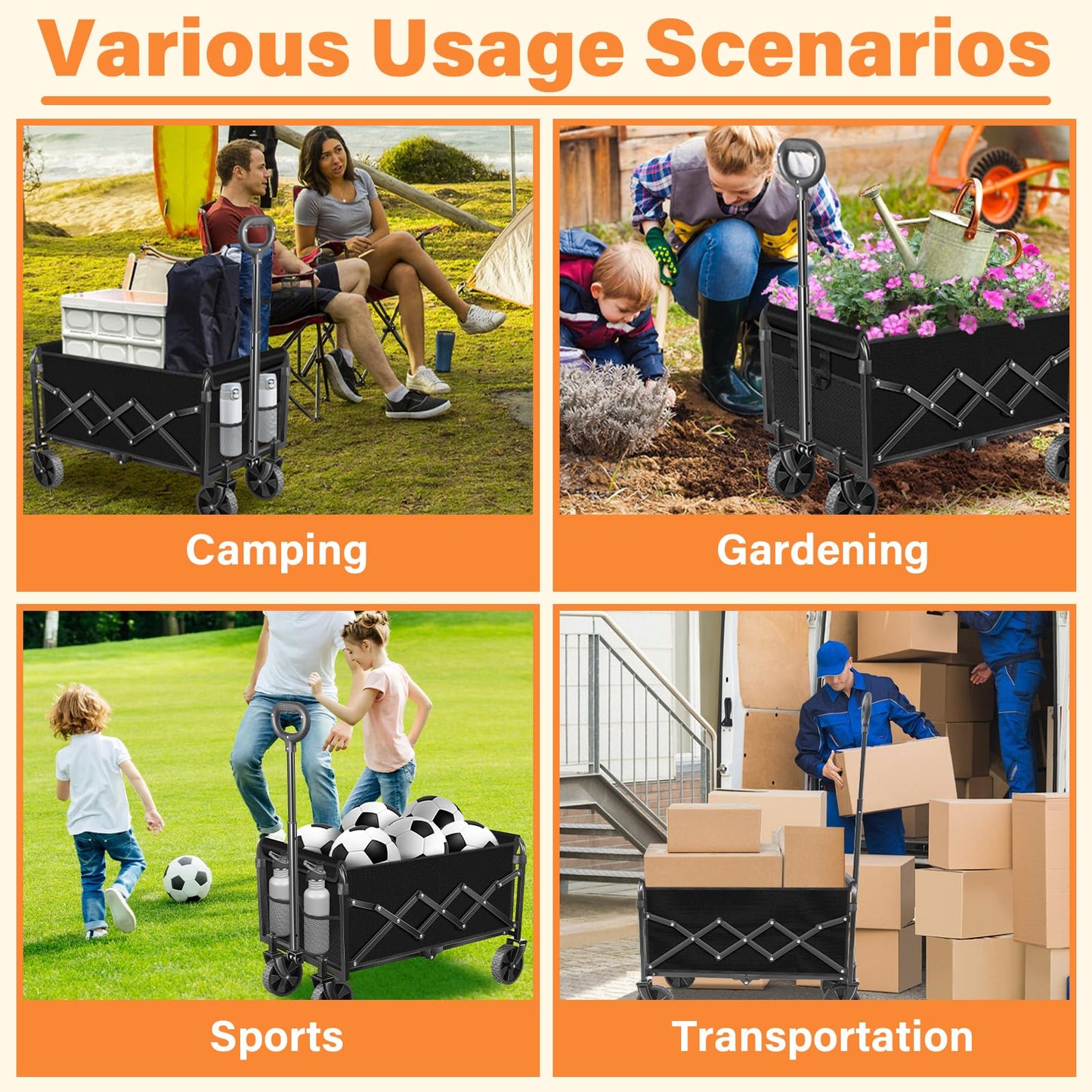 Wagons Carts Foldable,360lbs Collapsible Wagon with Wheels, Lightweight Foldable Wagon Cart with Drink Holders for Camping,Travel,Picnic,Shopping,Sports,Storage,Fashion Black