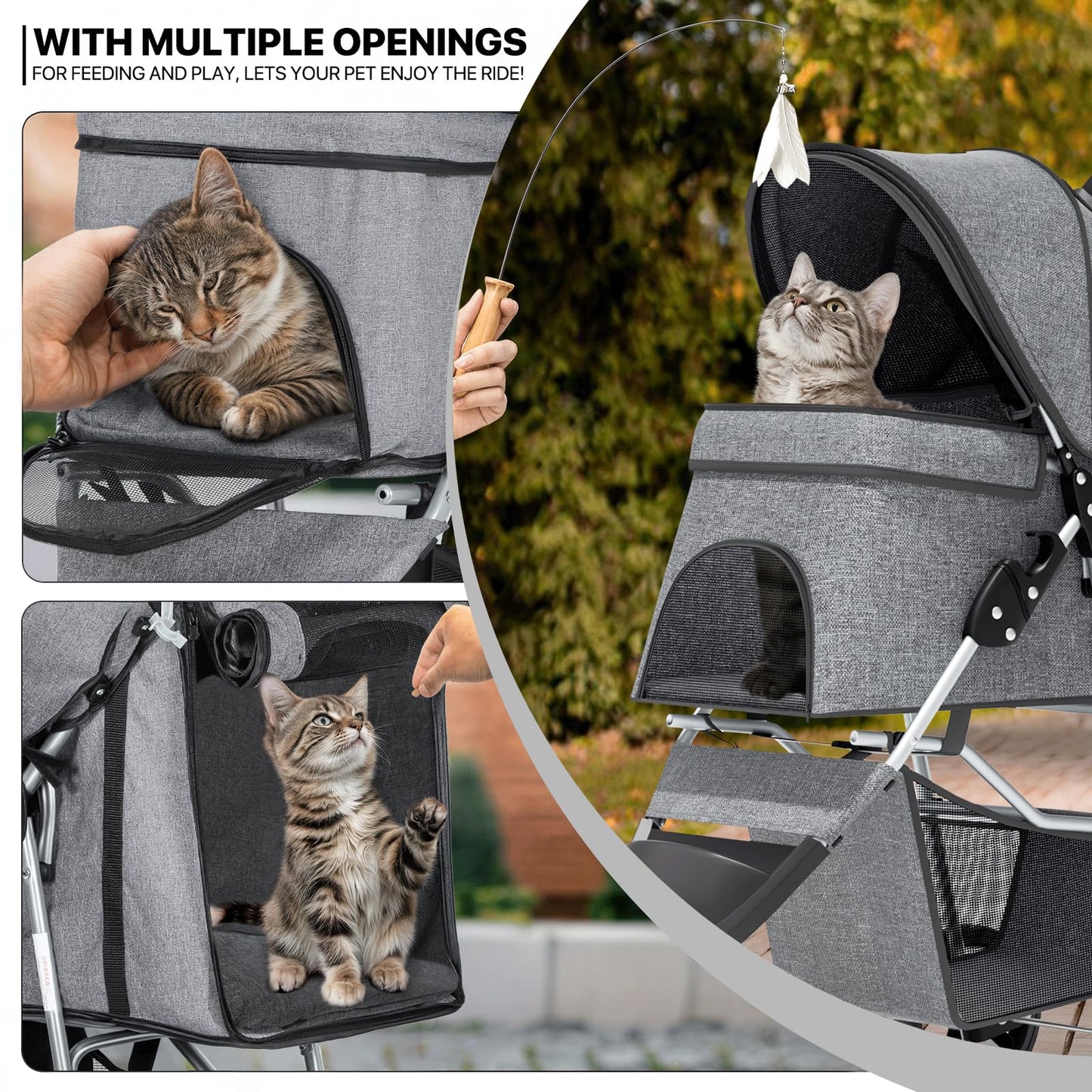 MoNiBloom 3 Wheels Pet Dog Cat Stroller for Small Medium Dogs and Cats, Lightweight Foldable Jogger Stroller w/Storage Basket and Cup Holder, Gray