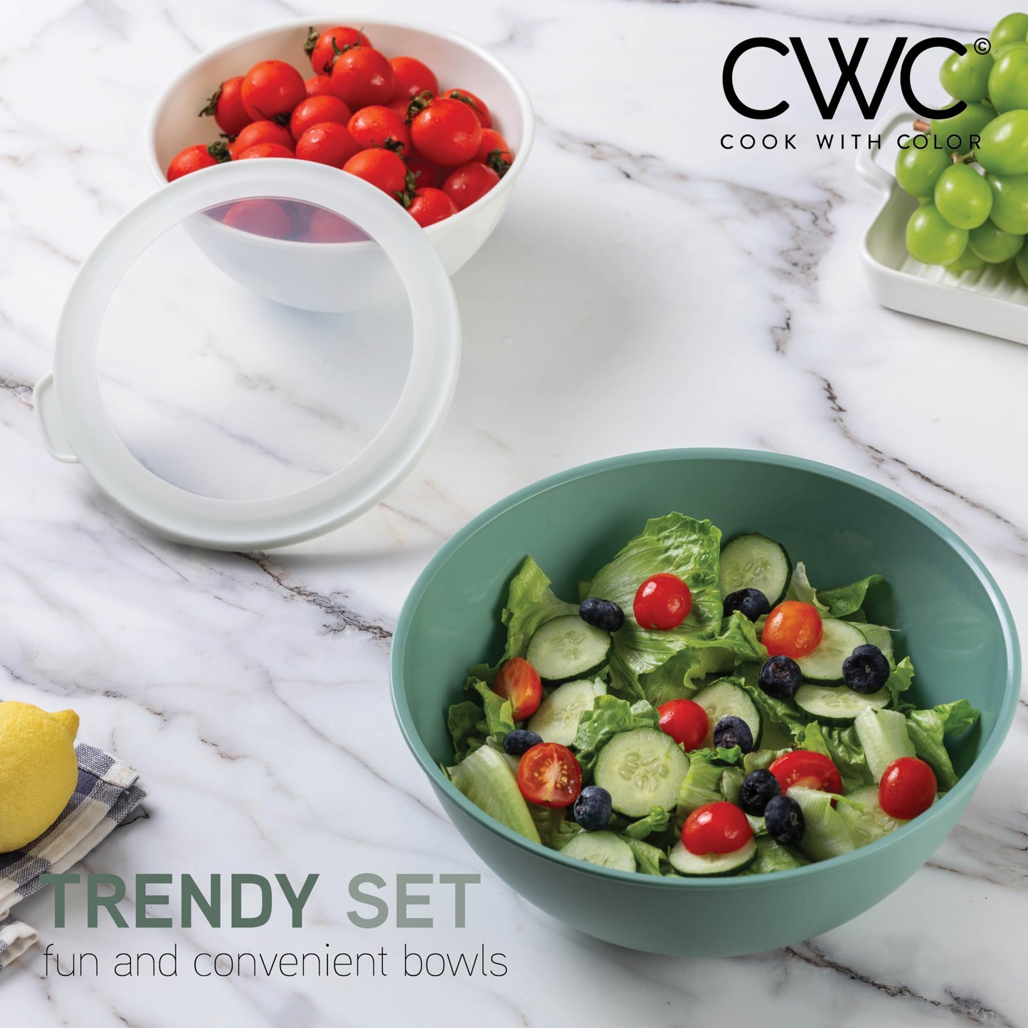 COOK WITH COLOR Mixing Bowls with TPR Lids - 12 Piece Plastic Nesting Bowls Set includes 6 Prep Bowls and 6 Lids - Microwave Safe (Sage)