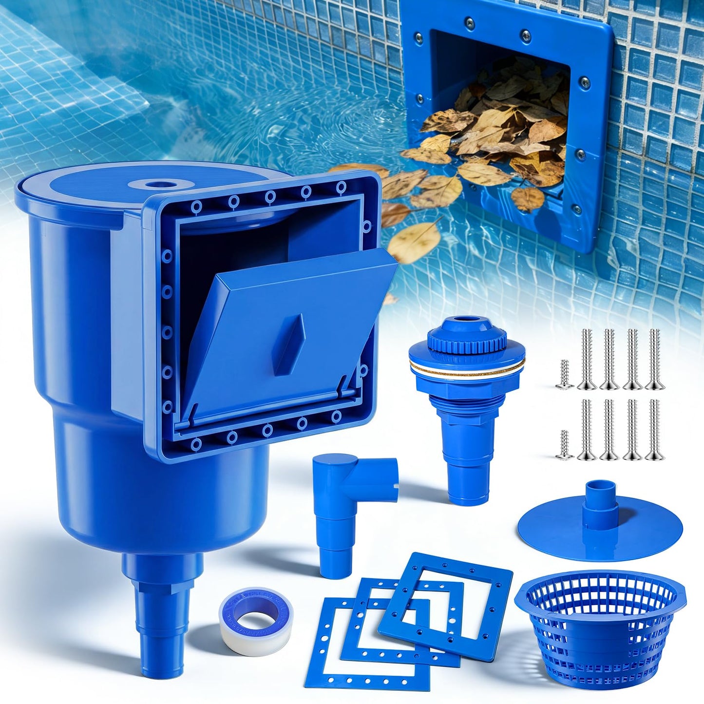 Above Ground Pool Skimmer, Heavy Duty Through-Wall Mount Pool Skimmer Kit with Accessories, Universal Fit for Standard Wall Openings, Klein Blue in-Wall Surface Skimmer Includes Leak-Free Teflon Tape