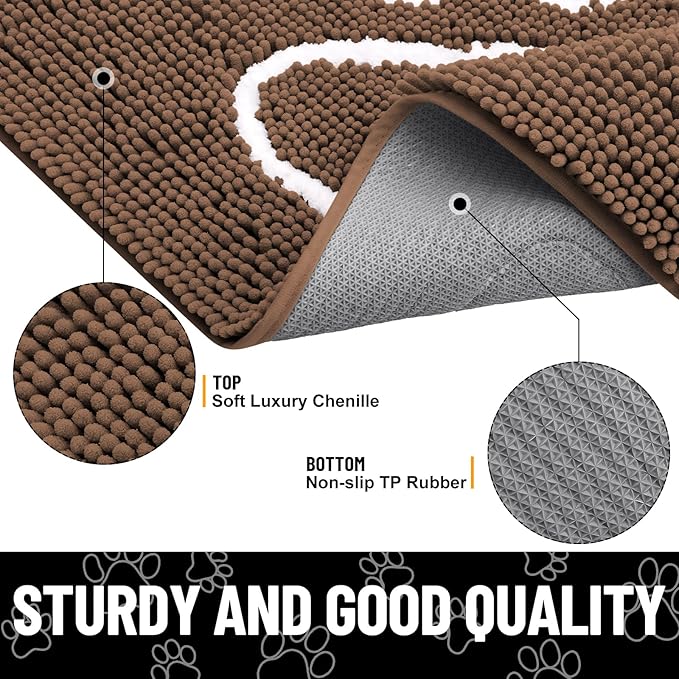 Smiry Dog Door Mat for Muddy Paws, Absorbent Dirt Trapper Non Slip Quick Dry Washable Chenille Mat for Mud Dogs, Entry Rug for Indoor and Outdoor (48x30 Inches, Coffee and White)