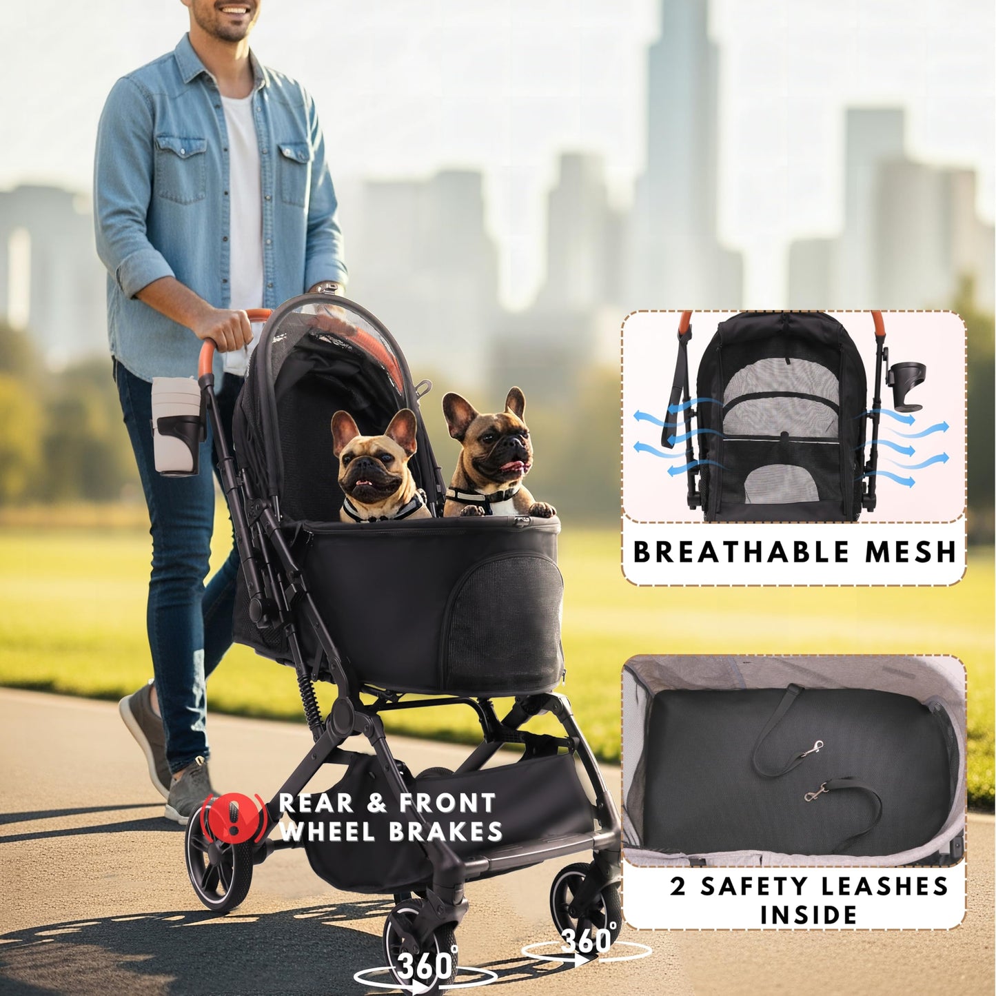 Bicystar Pet Stroller for Small Medium Dogs Cats Up to 45 lbs, Travel Lite Collapsible, All Terrain 4 Wheels for Jogging, Running, Grey