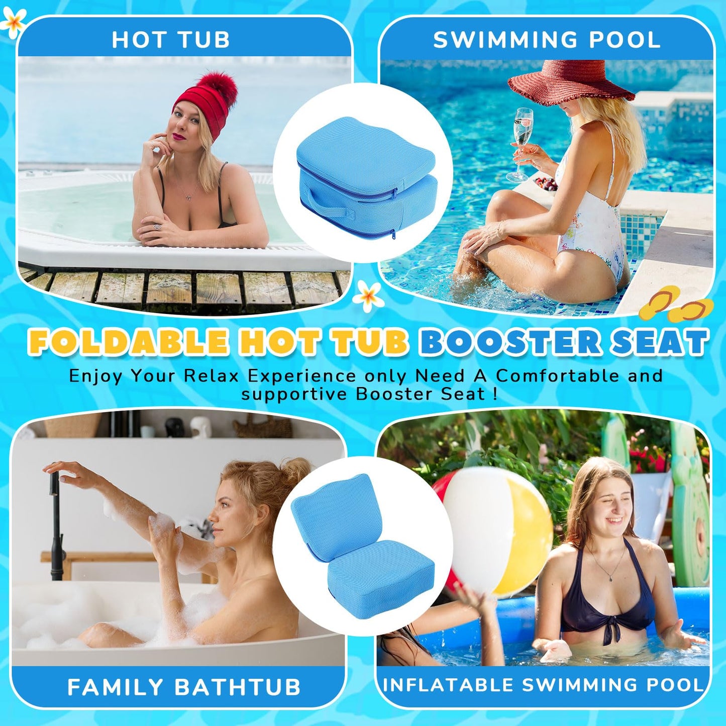 Yerliker 1 Pcs Foldable Hot Tub Booster Seat for Adults, Adjustable 2 Heights up to 6.3", Weighted Booster Seat 3D Air Mesh Hot Tub Accessories Quick Dry Micro Dot Non Slip for Spa Bathtub Pool