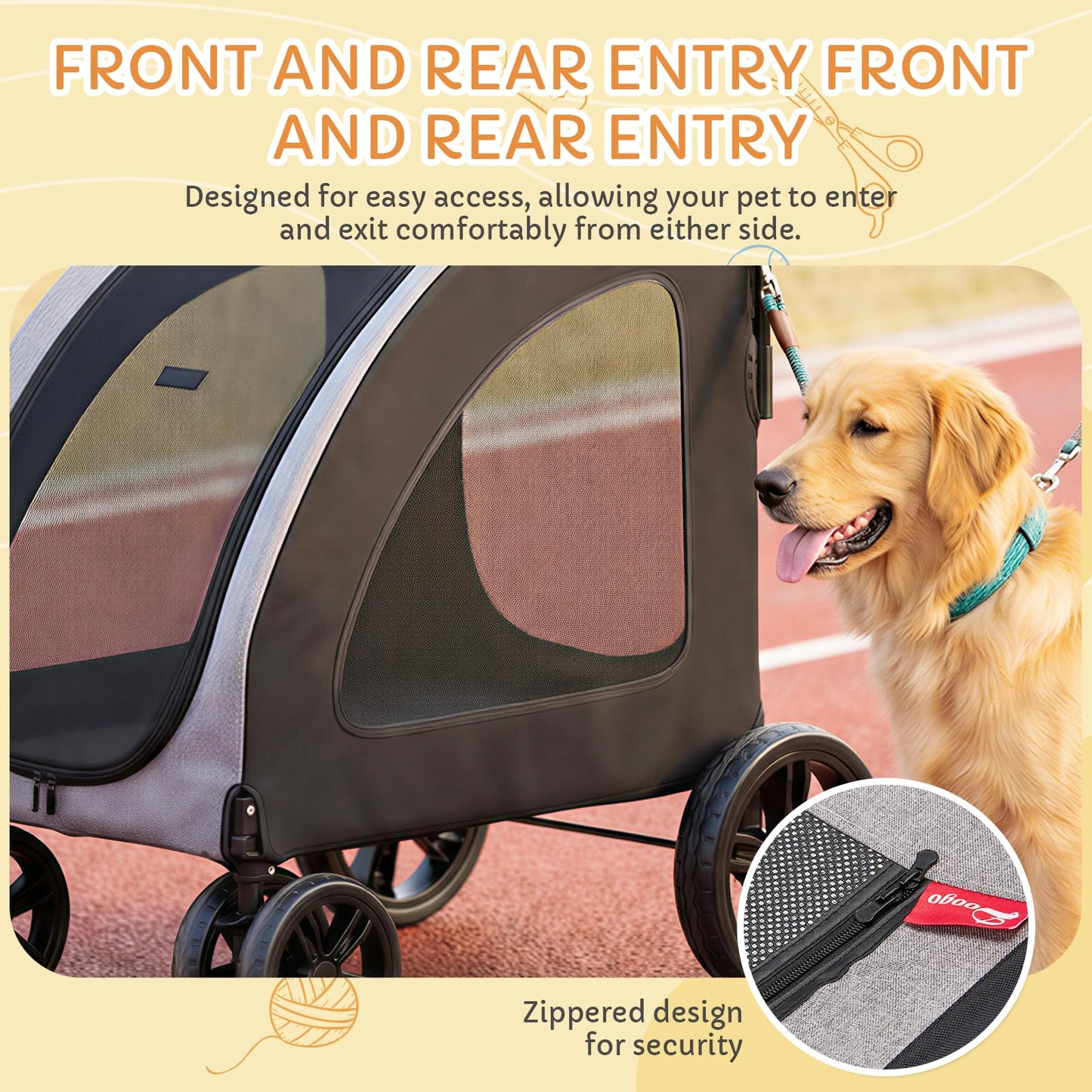 Danrelax Large Pet Stroller for Large & Medium Dogs, 77 lb Capacity, 12" All-Terrain Shock Absorbing Wheels, Waterproof 600D Grey Linen, Heavy-Duty Extra Large Pet Pram, Foldable Travel Stroller