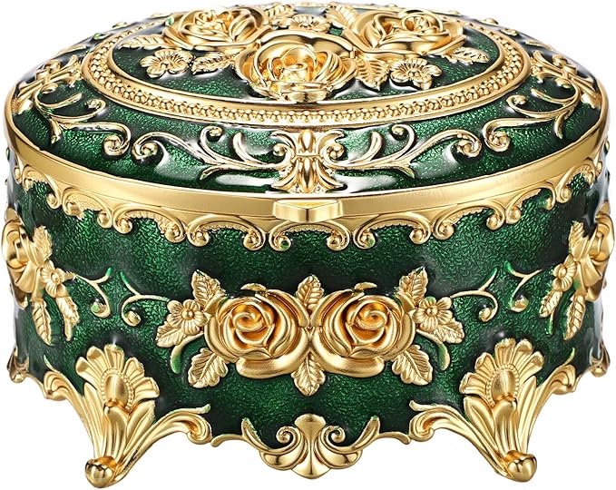Hipiwe Vintage Jewelry Box Oval Trinket Display Case with Rose Pattern Decorative Green Treasure Box Ring Holder for Women