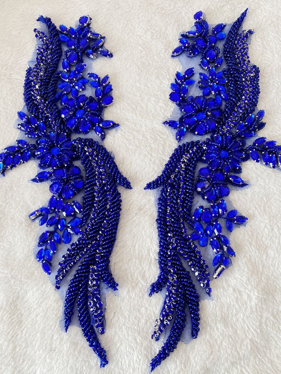 Handmade Rhinestones lace Applique handsewing Beads Trim Patches for Dress Clothing Accessories 35X12cm 1Pair/Bag