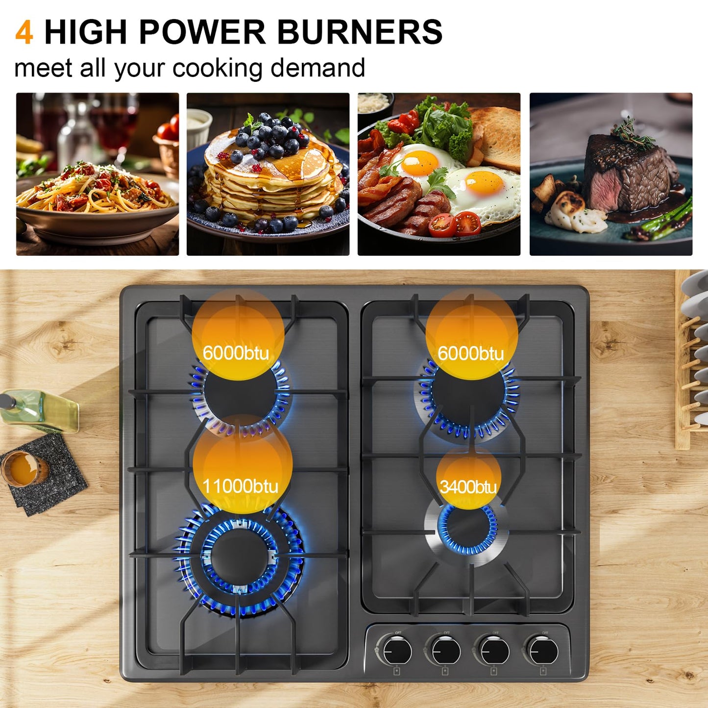 FVBADE 24inch 4 Burners Gas Cooktop Stainless Steel Built-in Gas Stove with NG/LPG Convertible Dual Fuel with Thermocouple Protection for Kitchen，Outdoor, Camping, RV