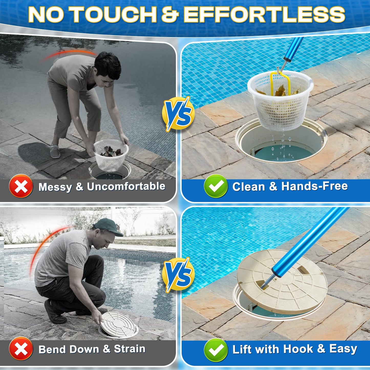 ComfyKit 22.5in 2-in-1 Pool Skimmer Tool with Stainless Steel Hook and Detachable Fine Mesh Net, Includes Skimmer Basket Handle, for Above Ground and Inground Pools