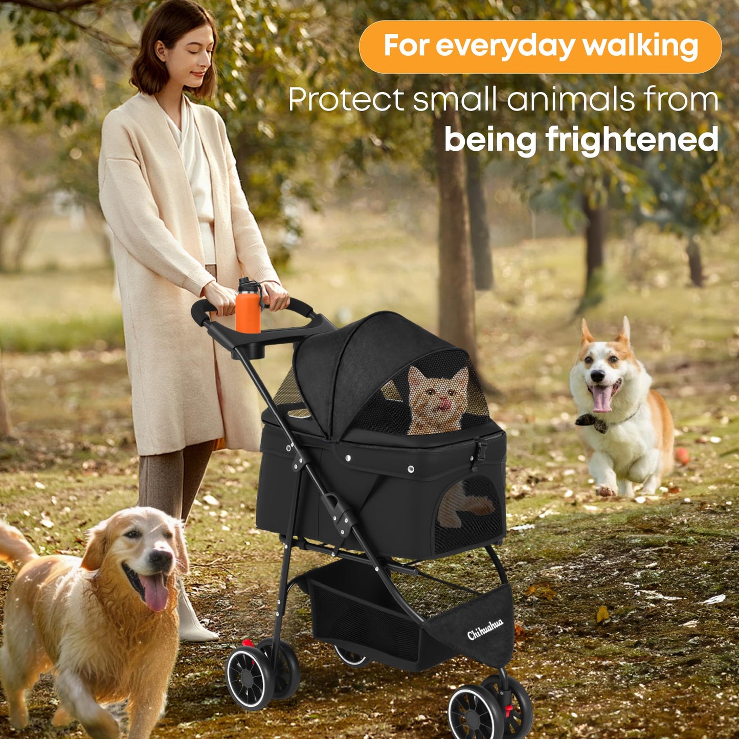 Pet Stroller,Dog Stroller for Small Medium Dogs Cats,3 Wheels,Foldable,with Breathable Mesh Canopy,Cup Holders,Easy Assembly,Black