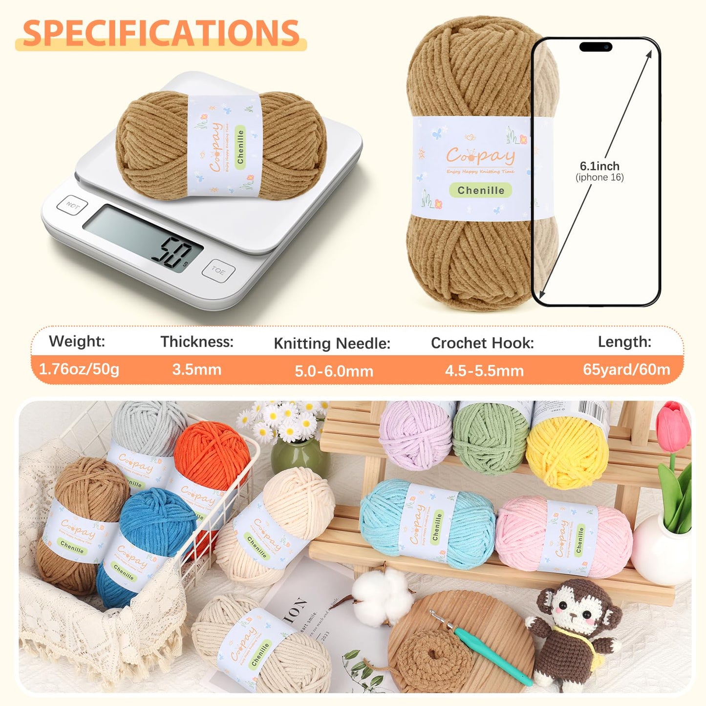 Coopay Chenille Yarn for Crocheting, 8 Pack Medium Weight Yarn - CYC #4 - Total 520yd, Soft Crochet Yarns for Plush Toys, Blankets, Scarves (Brown)