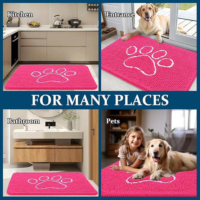 OLANLY Dog Door Mat for Muddy Paws 36x24, Paw Print Design, Absorbs Moisture and Dirt, Absorbent Non-Slip Washable Doormat, Quick Dry Chenille Mud Mat for Dogs, Entry Indoor Entryway Carpet, Hot Pink